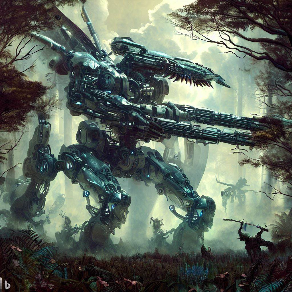 future mech dinosaur with guns fighting in tall forest, wildlife in foreground, surreal clouds, bloom, glass body, h.r. giger style 6.jpg